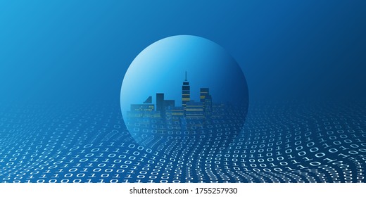 Futuristic Smart City, IoT and Cloud Computing Design Concept with Transparent Globe and Binary Code Pattern - Digital Network Connections, Technology Background