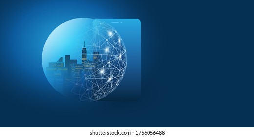 Futuristisches Design für intelligente Stadt, IoT und Cloud-Computing-Konzept mit polygonalem Mesh, Cluster und Knoten - digitale Netzwerkanschlüsse, Technologiehintergrund