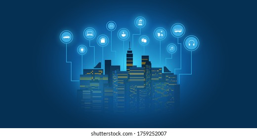 Futuristic Smart City, IoT and Cloud Computing Design Concept with Icons - Digital Network Connections, Technology Background