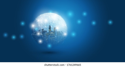 Futuristic Smart City, IoT and Cloud Computing Design Concept with Polygonal Mesh, Cluster and Nodes - Digital Network Connections, Technology Background