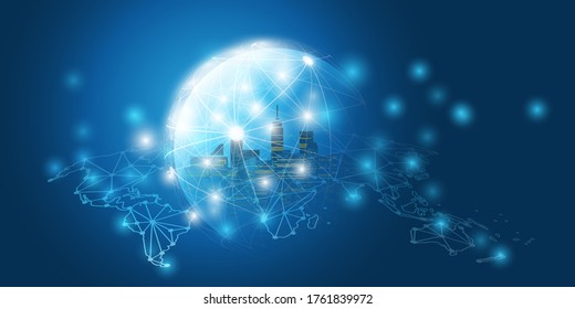 Futuristisches Design für intelligente Stadt, IoT und Cloud-Computing-Konzept mit polygonalem Mesh, Cluster und Knoten - digitale Netzwerkanschlüsse, Technologiehintergrund
