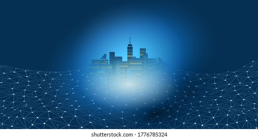 Futuristisches Design für intelligente Stadt, IoT und Cloud-Computing-Konzept mit polygonalem Mesh, Cluster und Knoten - digitale Netzwerkanschlüsse, Technologiehintergrund