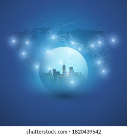 Futuristic Smart City, IoT and Cloud Computing Design Concept with Polygonal Mesh, Cluster and Nodes - Digital Network Connections, Technology Background