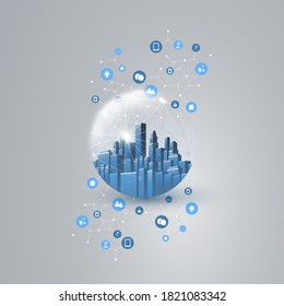 Futuristisches Design für intelligente Stadt, IoT und Cloud-Computing-Konzept mit polygonalem Mesh, Cluster und Knoten - digitale Netzwerkanschlüsse, Technologiehintergrund