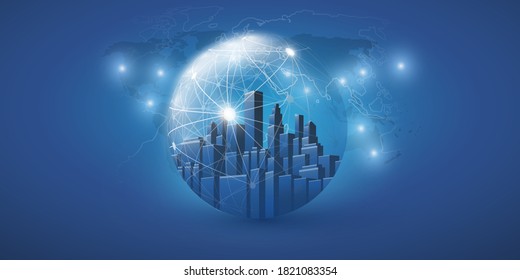 Futuristic Smart City, IoT and Cloud Computing Design Concept with Polygonal Mesh, Cluster and Nodes - Digital Network Connections, Technology Background