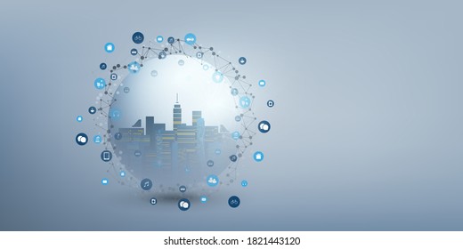 Futuristic Smart City, IoT and Cloud Computing Design Concept with Polygonal Mesh, Cluster and Nodes - Digital Network Connections, Technology Background