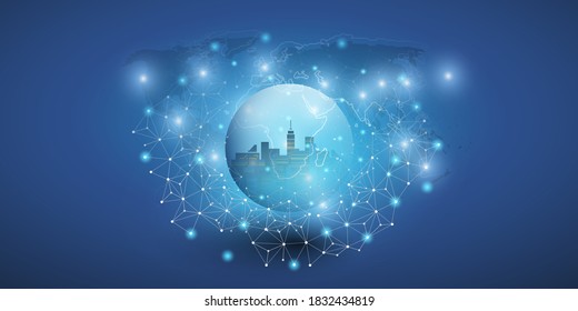 Concepto Futurista de diseño de Smart City, IoT y Cloud Computing con malla poligonal, clúster y nodos - Conexiones de red digitales, fondo tecnológico