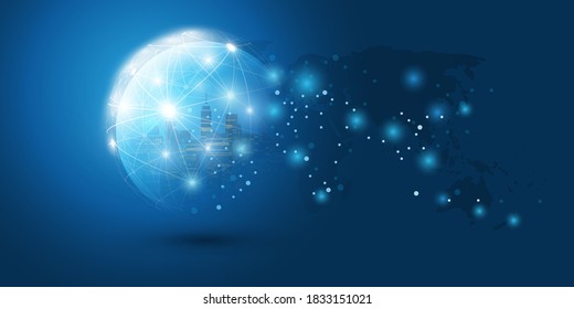 Futuristic Smart City, IoT and Cloud Computing Design Concept with Globe, World Map and Glowing Nodes - Digital Network Connections, Technology Background