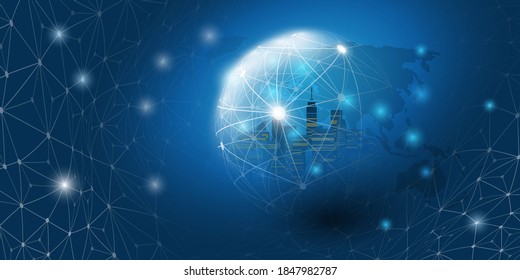 Futuristic Smart City, IoT and Cloud Computing Design Concept with World Map and Glowing Nodes - Digital Network Connections, Technology Background