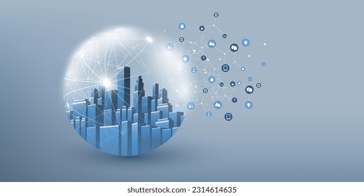 Futuristic Smart City, IoT and Cloud Computing Design Concept with Polygonal Mesh, Cluster and Nodes - Cityscape Skyline in a Glass Globe - Digital Network Connections, Technology Vector Background