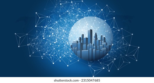 Futuristic Smart City, IoT and Cloud Computing Design Concept with 3D Polygonal Mesh, Cluster and Nodes - Cityscape Skyline in a Glass Globe - Digital Network Connections, Technology Vector Background