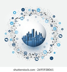Zukunftsweisendes Design-Konzept für Smart City, IoT und Cloud Computing mit Symbolen, Polygonnetz, Cluster und Knoten und hohen Gebäuden im Inneren eines Glasglobus - digitale Netzverbindungen, Technologiehintergrund