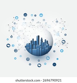 Futuristic Smart City, IoT and Cloud Computing Design Concept with Blue Icons Representing Digital Devices and Service Nodes - Tall Buildings Inside a Glass Globe in the Center - Technology Background
