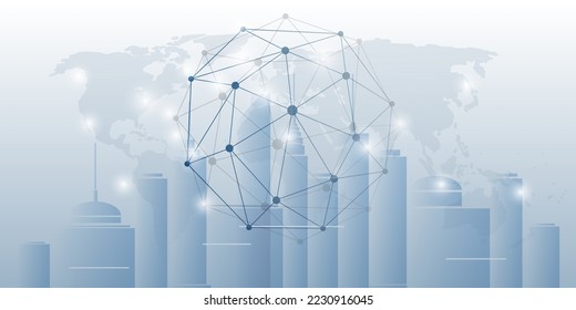 Futuristic Smart City, IoT, Home Automation, Digital Urban Network Connections - Concept with World Map, Polygonal Mesh and Cityscape Skyline, Skyscrapers - Background Design, Vector Format Included