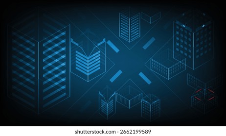 Futurista Smart City Isometric Grid com edifícios digitais e estruturas de rede