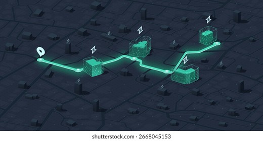Mapa de ciudad inteligente futurista con red de estación de carga de vehículos eléctricos. Energía verde, tecnología de redes inteligentes y el futuro de la logística y la movilidad. Ilustración vectorial