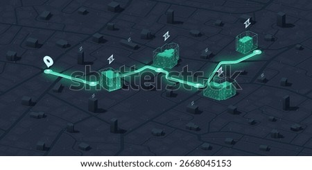 Futuristic Smart City Map with Electric Vehicle Charging Station Network. Green energy, smart grid technology and the future of logistics and mobility. Vector illustration
