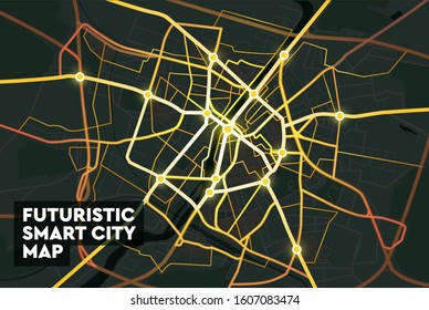 Futuristic smart city map.
Neon lights of city streets.
Vector illustration.