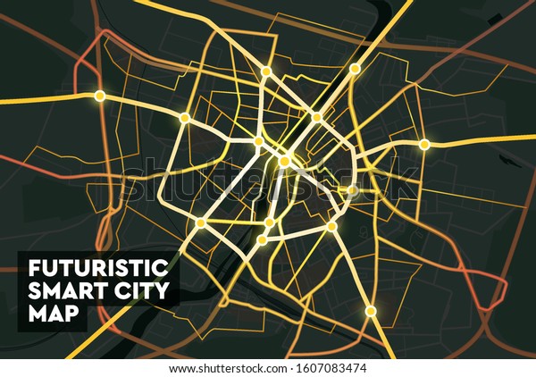 Futuristic smart city map.\
Neon lights of\
city streets.\
Vector\
illustration.