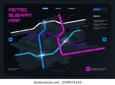 Futuristic smart city map. Underground metro system, metro cartography and navigation, public transport route and station. Vector illustration of smart technology