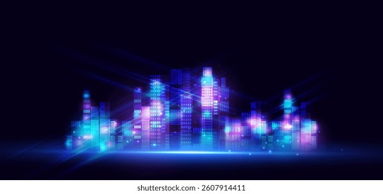 Futuristic smart city night skyscrapers on dark blue background. Technology connection data communication city concept. Vector illustration