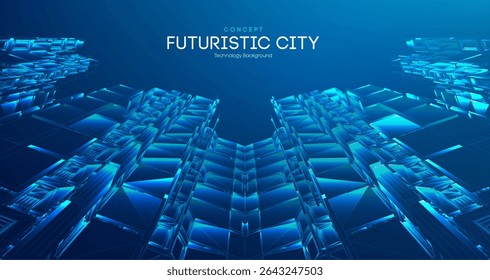 Futuristic Smart City Skyline with Neon Blue Abstract Data Background. 3D Vector Buildings for Modern Tech Concept or Metaverse Urban Landscape. Digital Hologram Architecture with Electric Network.