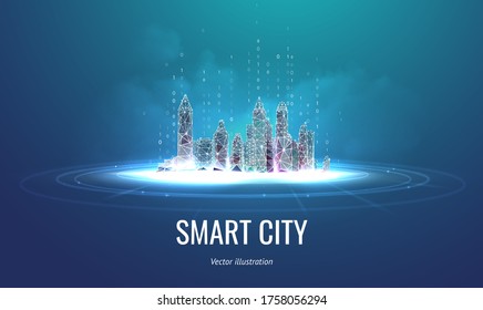 Futuristic smart city vector illustration isolated on blue background, concept of technology management of buildings. Skyscraper in the frame polygonal style at night in the clouds