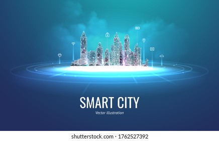 Futuristic smart city vector illustration isolated on blue background, concept of technological innovative metropolis. Skyscrapers in frame polygonal style at night in the clouds