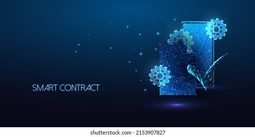 Futuristic smart contract concept with glowing approved signed paper document, cog gears and phone 