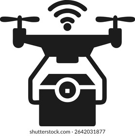 Futuristic smart delivery drone silhouette with ai sensors and wireless communication icon