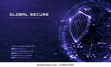 Futuristic smart digital background showing modern neon particle shield and global network. Safe business privacy technology with secure binary code flow scene. Vector illustration.