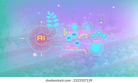 Futuristic smart farming concept integrating AI and IoT technology. Abstract design with glowing elements representing wireless connectivity over blue green background with plant