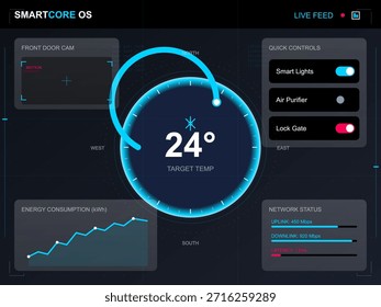 Un tablero de mandos futurista inteligente para el hogar que muestra la temperatura, el consumo de energía, el Estado de red y los controles rápidos para dispositivos inteligentes como luces y cerraduras.