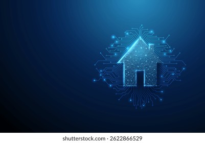 Futuristic smart house with electronic circuit lines background. Artificial intelligence, smart home systems, digital automation. Low poly style. AI-powered living and intelligent environments Vector.