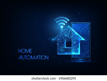 Futuristic Smart House Technology System Concept With Glowing Low Polygonal House, Phone And Wifi Symbol On Dark Blue Background. Home Automation. Modern Wireframe Mesh Design Vector Illustration.