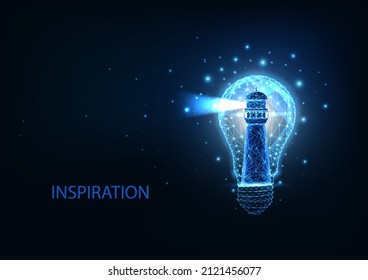 Futuristic smart idea concept with glowing low polygonal lighthouse inside of light bulb isolated on dark blue 