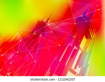 futuristic smart metropolis city with skyscrapers of the future entangled by information networks, digital waves, stars, lines, triangles, points & dots - blue background - vector illustration / eps10