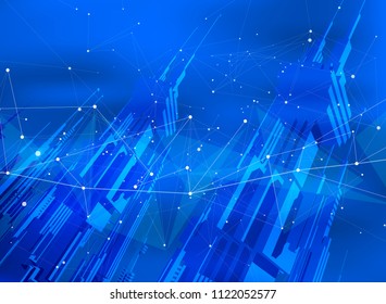 futuristic smart metropolis city with skyscrapers of the future entangled by information networks, digital waves, stars, lines, triangles, points & dots - blue background - vector illustration / eps10