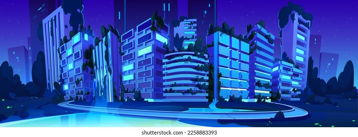 Futuristic smart night city, eco buildings with neon glowing. Future sustainable town cityscape, houses and offices with garden on rooftop and waterfall, dark trees and grass, pond vector illustration