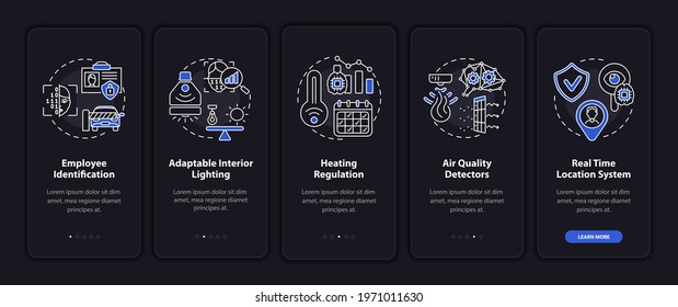Futuristic smart office onboarding mobile app page screen with concepts. Security, detectors walkthrough 5 steps graphic instructions. UI, UX, GUI vector template with linear night mode illustrations