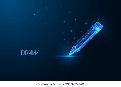 Futuristic smart pencil in glowing low polygonal style isolated on dark blue background. AI assisted writing or drawing, advanced digital creativity technologies concept. Abstract vector illustration.