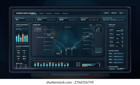 Futuristic smart port operations dashboard on a desktop monitor showing harbor map, vessel routing, berth utilization, crane throughput, customs clearance, weather, and route ETA