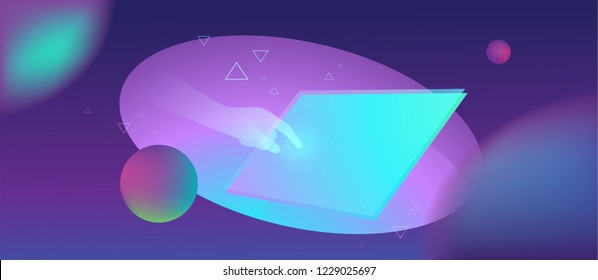 Futuristic smart technology abstract illustration. Holographic hand touches the glowing screen