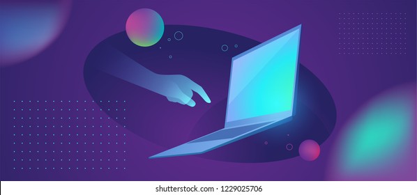 Futuristic smart technology abstract illustration. Holographic hand touches the laptop