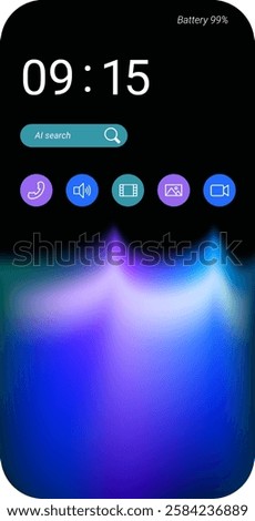 A futuristic smartphone home screen interface featuring a digital clock, AI search bar, battery status, and colorful app icons on a gradient background