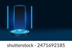 Futuristic Smartphone Levitating on Blue Podium. Smart mobile phone floating in the air with glowing line lamp. Vector.