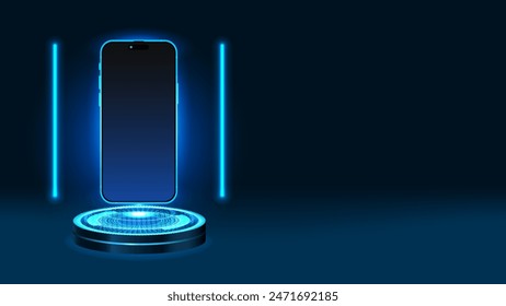 Futuristic Smartphone Levitating on Blue Podium. Smart mobile phone floating in the air with glowing line lamp. Vector.