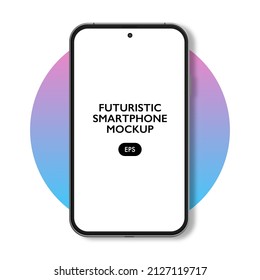 Futuristic smartphone mockup with edge to edge blank screen and hole punch camera module. Modern vector illustration of cellular phone with blue and purple gradient circle in the background.