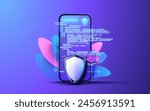 Futuristic Smartphone Security Concept with Shield and Digital Lock. Vibrant 3D illustration depicting a smartphone with advanced security features, including a shield and digital lock. Vector