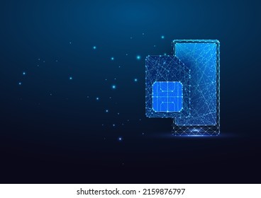 Futuristic smartphone and sim card in glowing low polygonal isolated on dark blue background. 